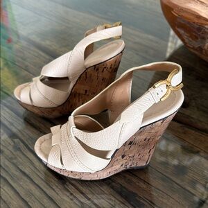 Chloe Cream Wedges with Cork Platform and Crisscross Straps
